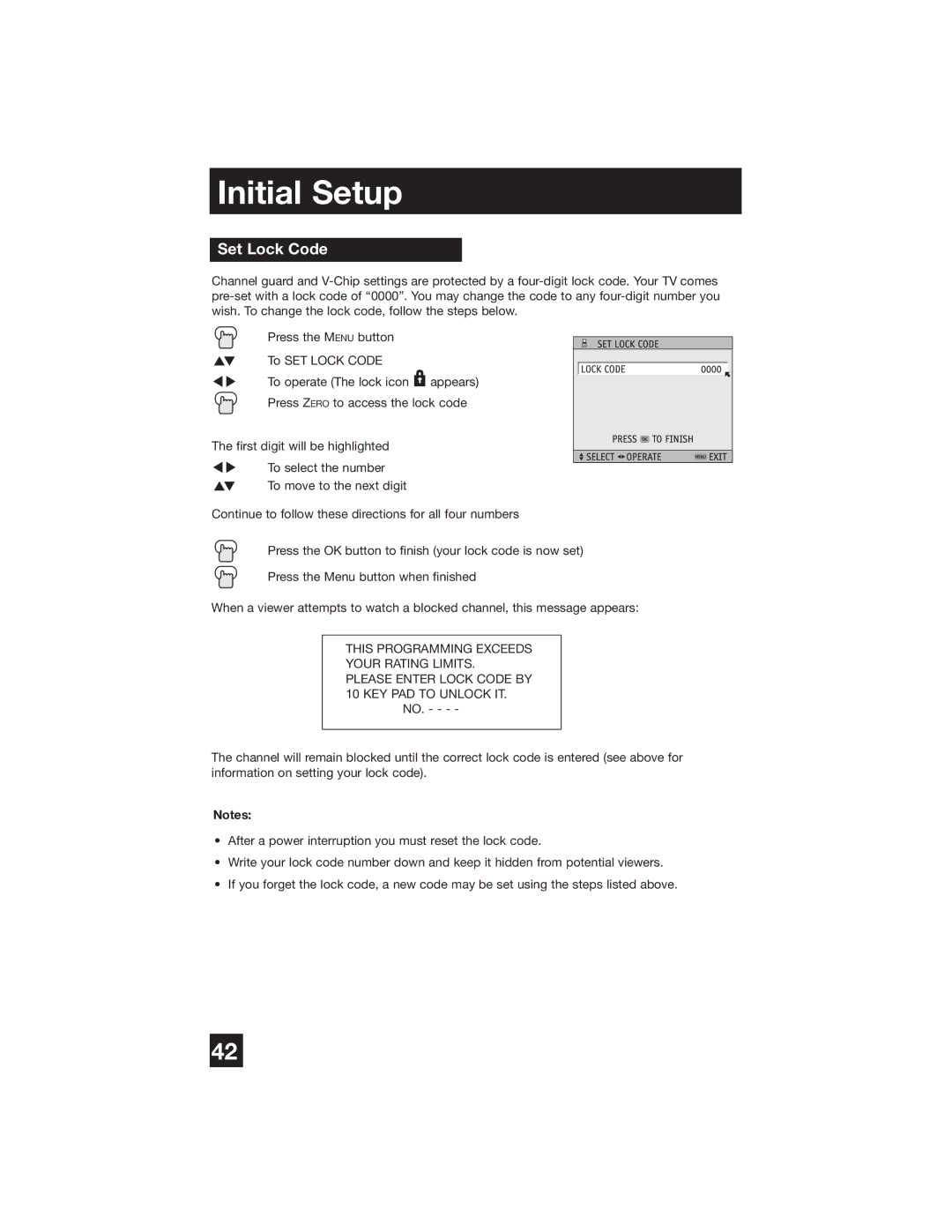 JVC PD-42WX84 manual Set Lock Code 