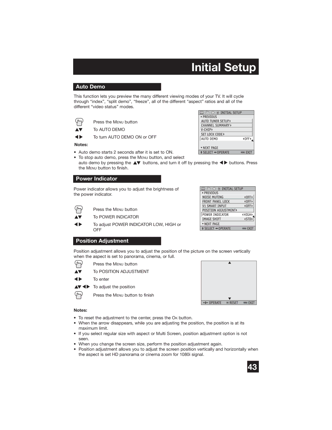 JVC PD-42WX84 manual Auto Demo, Power Indicator, Position Adjustment 