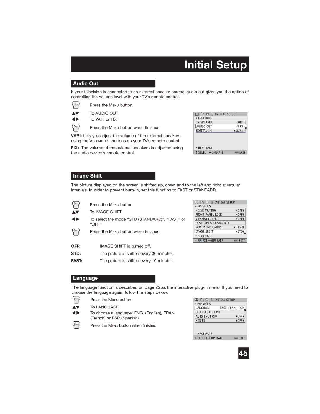 JVC PD-42WX84 manual Audio Out, Image Shift, Language 