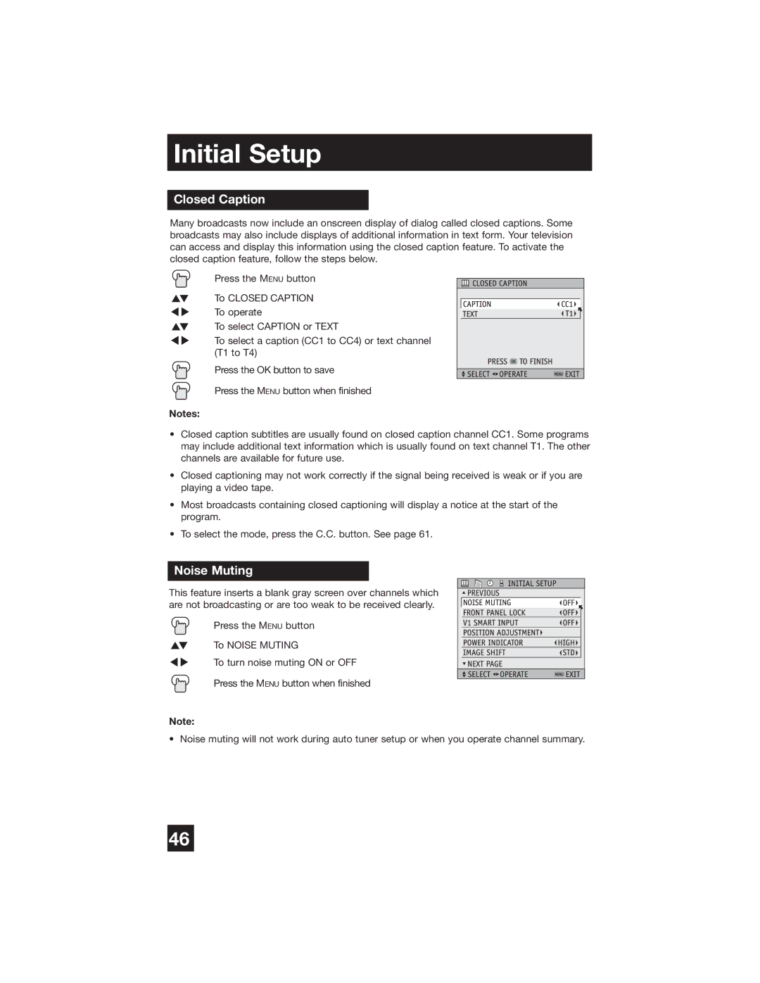 JVC PD-42WX84 manual Closed Caption, Noise Muting 