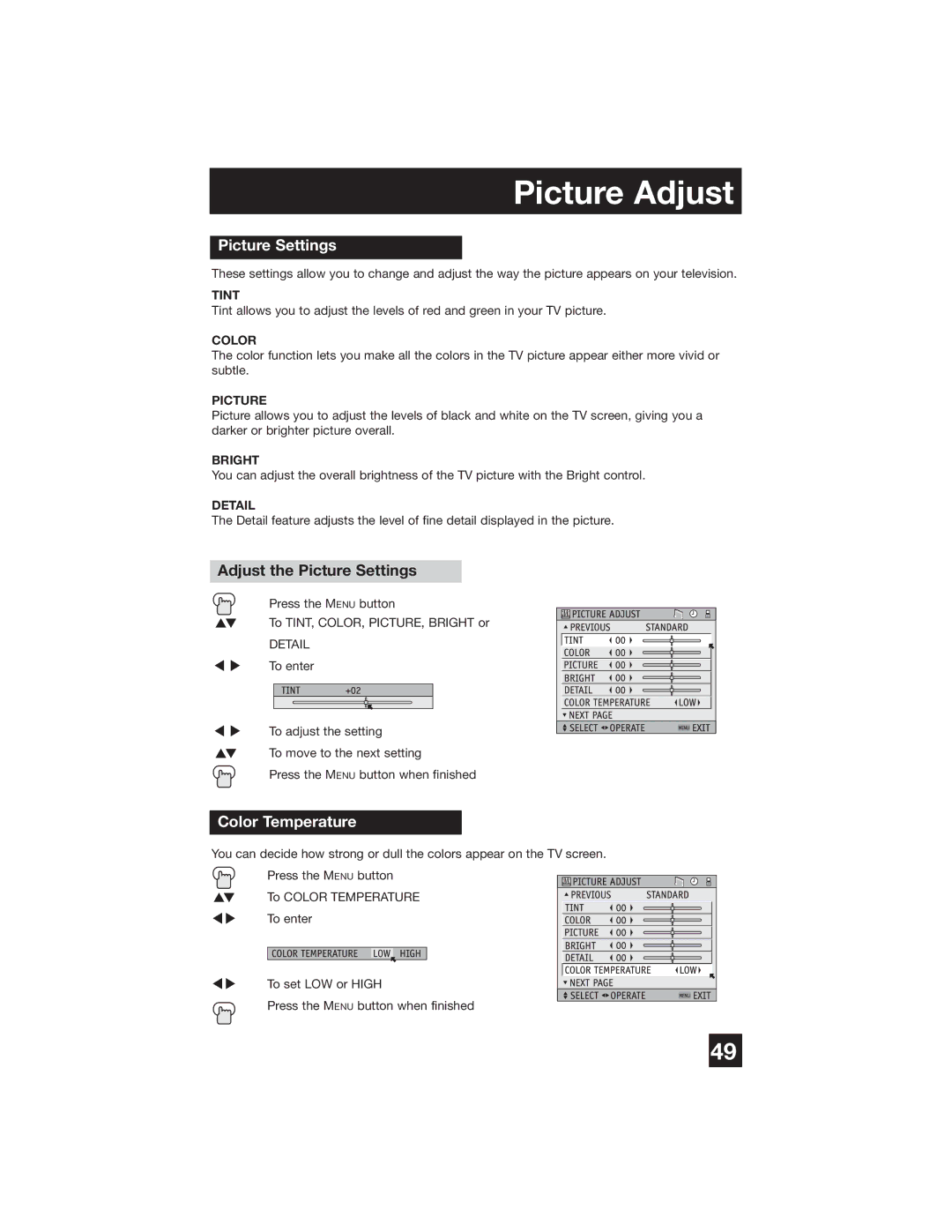 JVC PD-42WX84 manual Picture Adjust, Adjust the Picture Settings, Color Temperature 