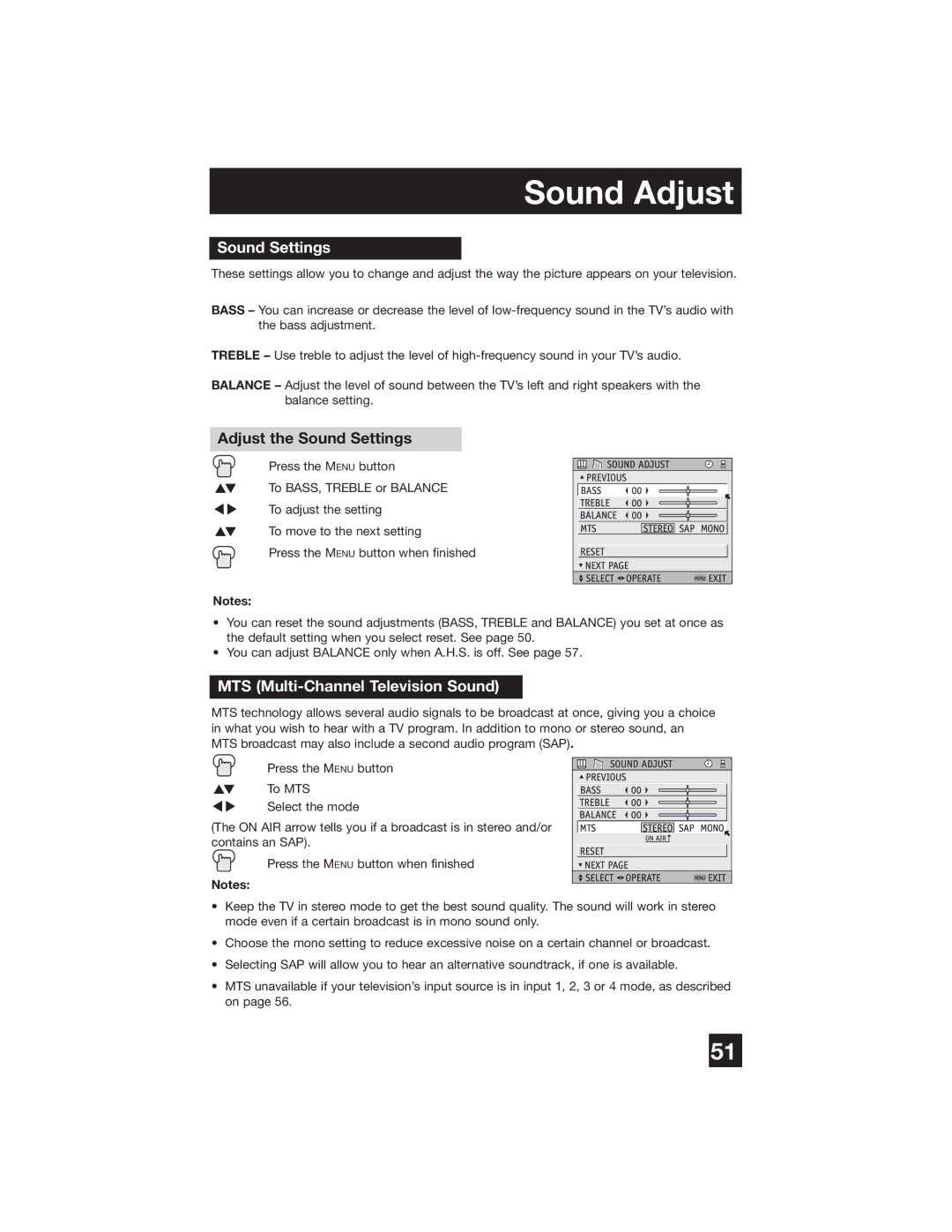 JVC PD-42WX84 manual Sound Adjust, Adjust the Sound Settings, MTS Multi-Channel Television Sound 