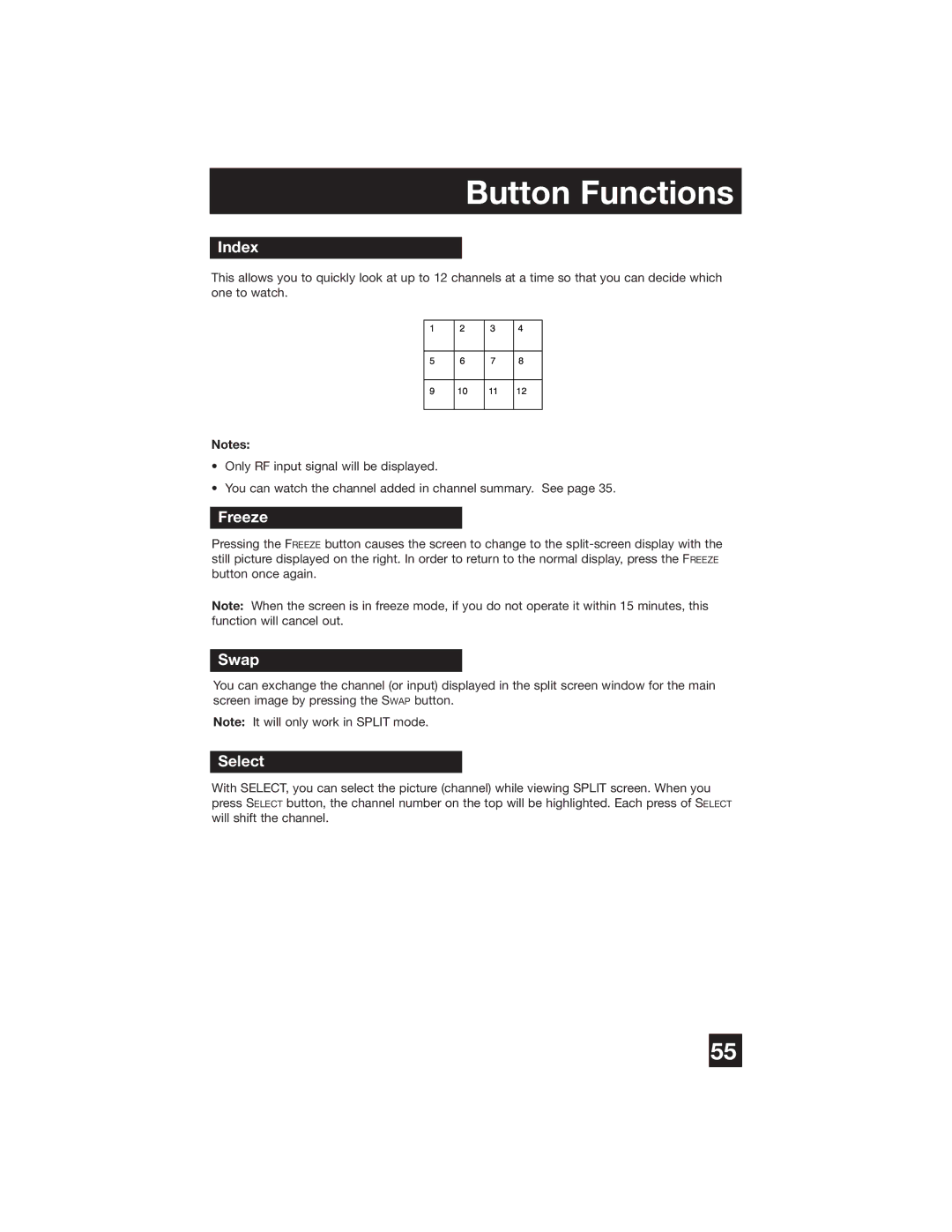 JVC PD-42WX84 manual Index, Freeze, Swap, Select 