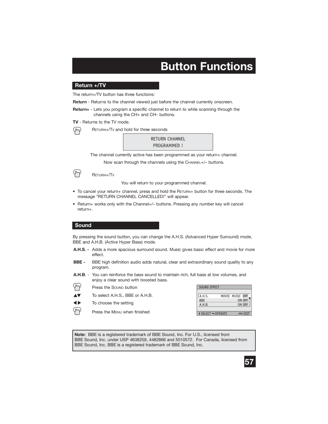 JVC PD-42WX84 manual Return +/TV, Sound 