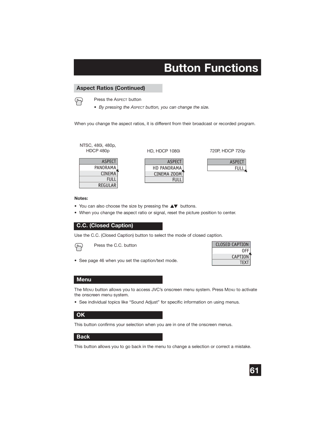 JVC PD-42WX84 manual Menu, Back 