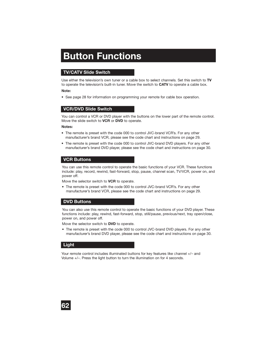 JVC PD-42WX84 manual TV/CATV Slide Switch, VCR/DVD Slide Switch, VCR Buttons, DVD Buttons, Light 