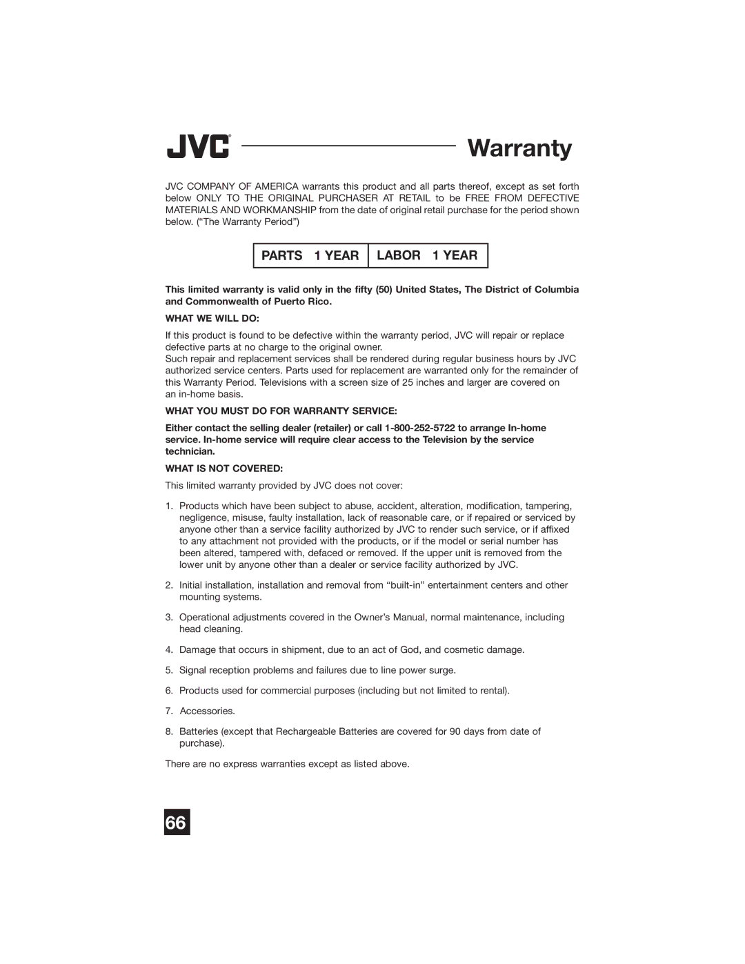 JVC PD-42WX84 manual What WE will do, What YOU Must do for Warranty Service, What is not Covered 