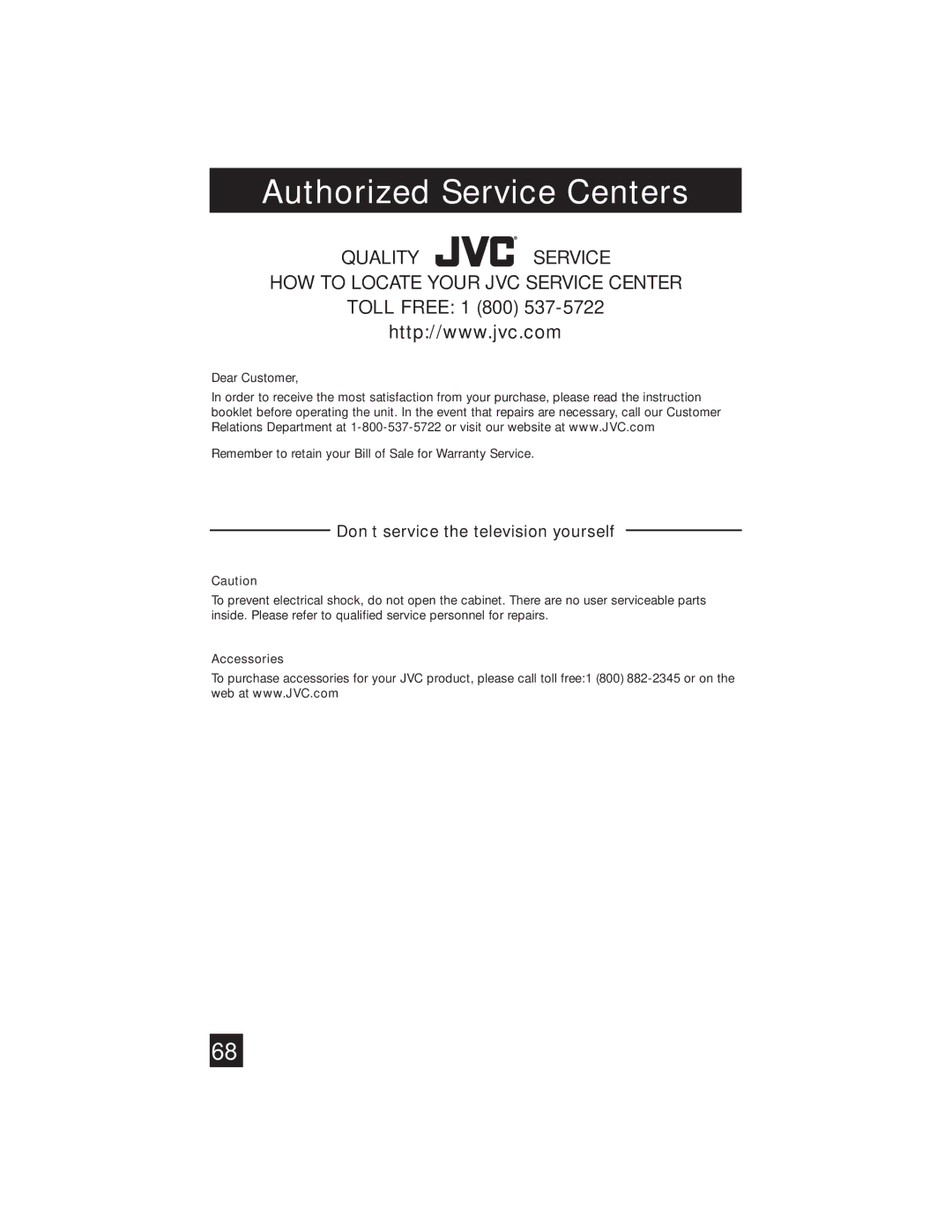 JVC PD-42WX84 manual Authorized Service Centers, Accessories 