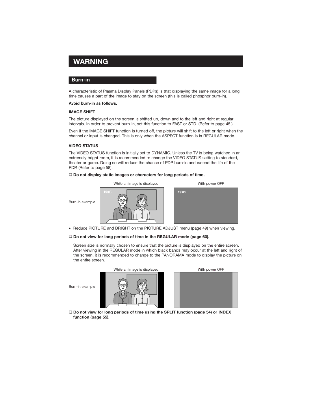 JVC PD-42WX84 manual Burn-in, Avoid burn-in as follows, Image Shift, Video Status 