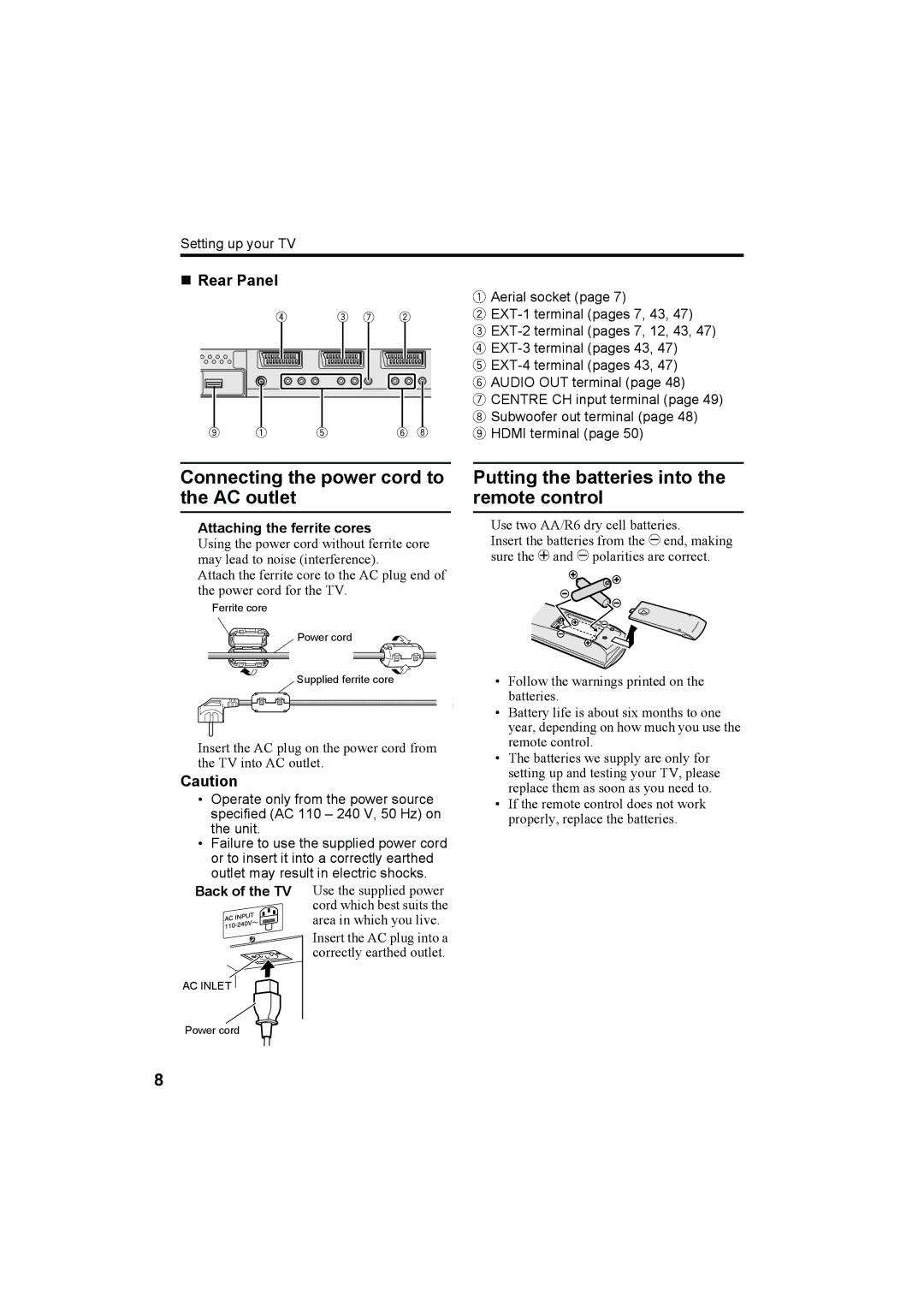 JVC PD-42X50BU, PD-42X50BJ, PD-42X50BS manual Connecting the power cord to the AC outlet, „ Rear Panel 