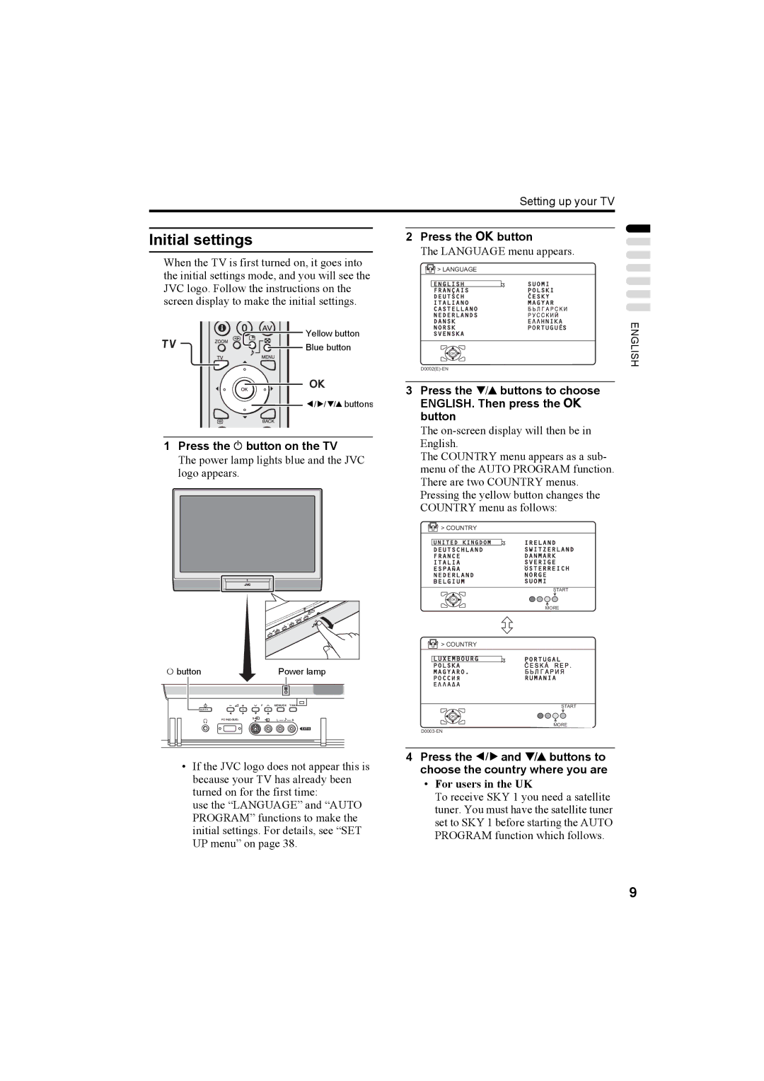 JVC PD-42X50BU, PD-42X50BJ, PD-42X50BS manual Initial settings, Press the a button, Press the Abutton on the TV 