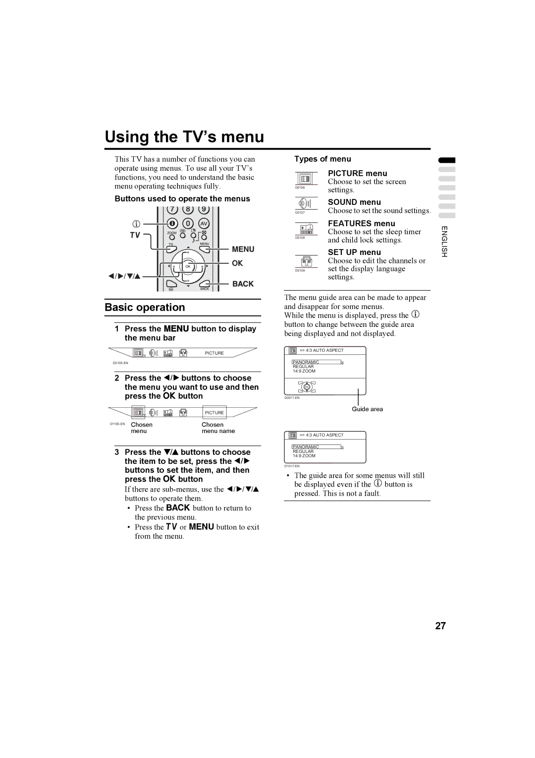 JVC PD-42X50BU, PD-42X50BJ, PD-42X50BS manual Using the TV’s menu, Press the Hbutton to display the menu bar 