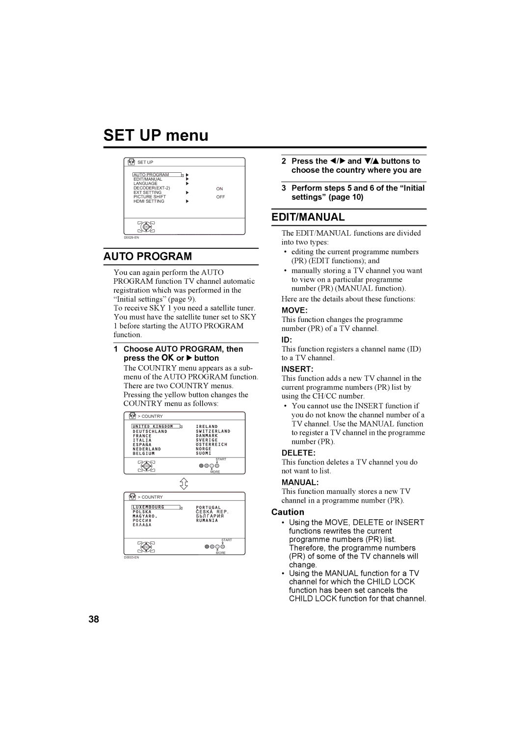 JVC PD-42X50BU, PD-42X50BJ, PD-42X50BS manual SET UP menu, Auto Program, Edit/Manual 