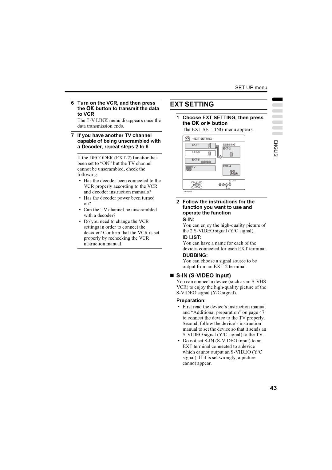 JVC PD-42X50BU, PD-42X50BJ, PD-42X50BS manual EXT Setting, „ S-IN S-VIDEO input, ID List, Dubbing 