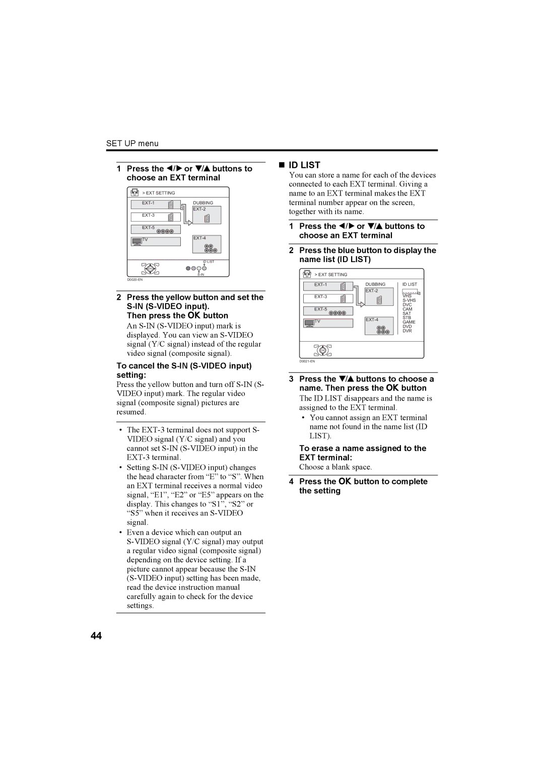 JVC PD-42X50BU, PD-42X50BJ, PD-42X50BS manual „ ID List, Press the 5 or 6 buttons to choose an EXT terminal 