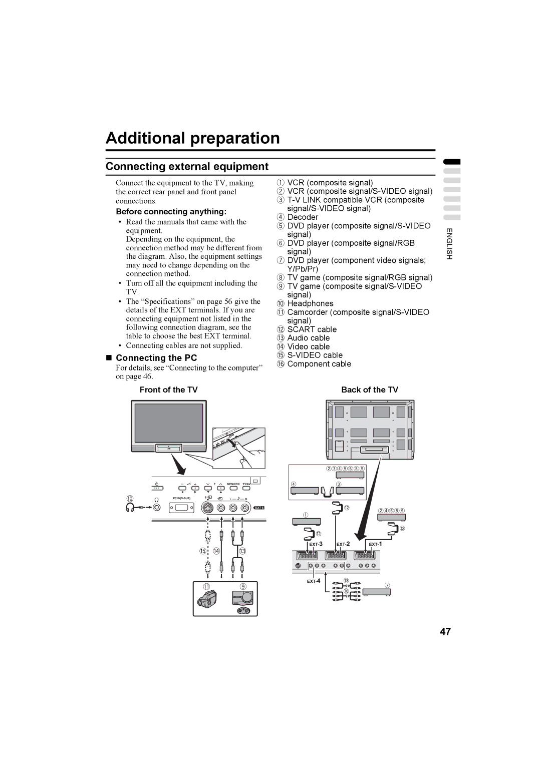 JVC PD-42X50BU, PD-42X50BJ, PD-42X50BS manual Additional preparation, Connecting external equipment, „ Connecting the PC 