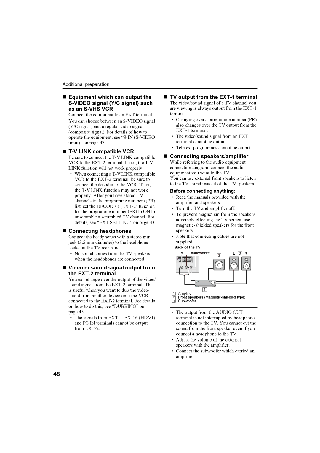 JVC PD-42X50BU, PD-42X50BJ, PD-42X50BS „ T-V Link compatible VCR, „ Connecting headphones, „ Connecting speakers/amplifier 