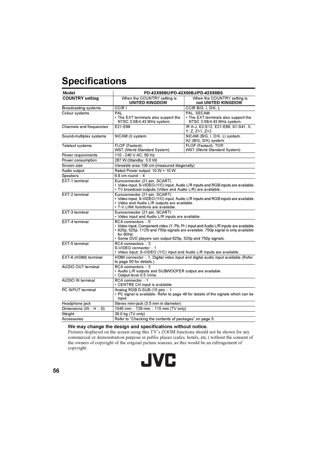 JVC PD-42X50BU, PD-42X50BJ, PD-42X50BS manual Specifications, We may change the design and specifications without notice 