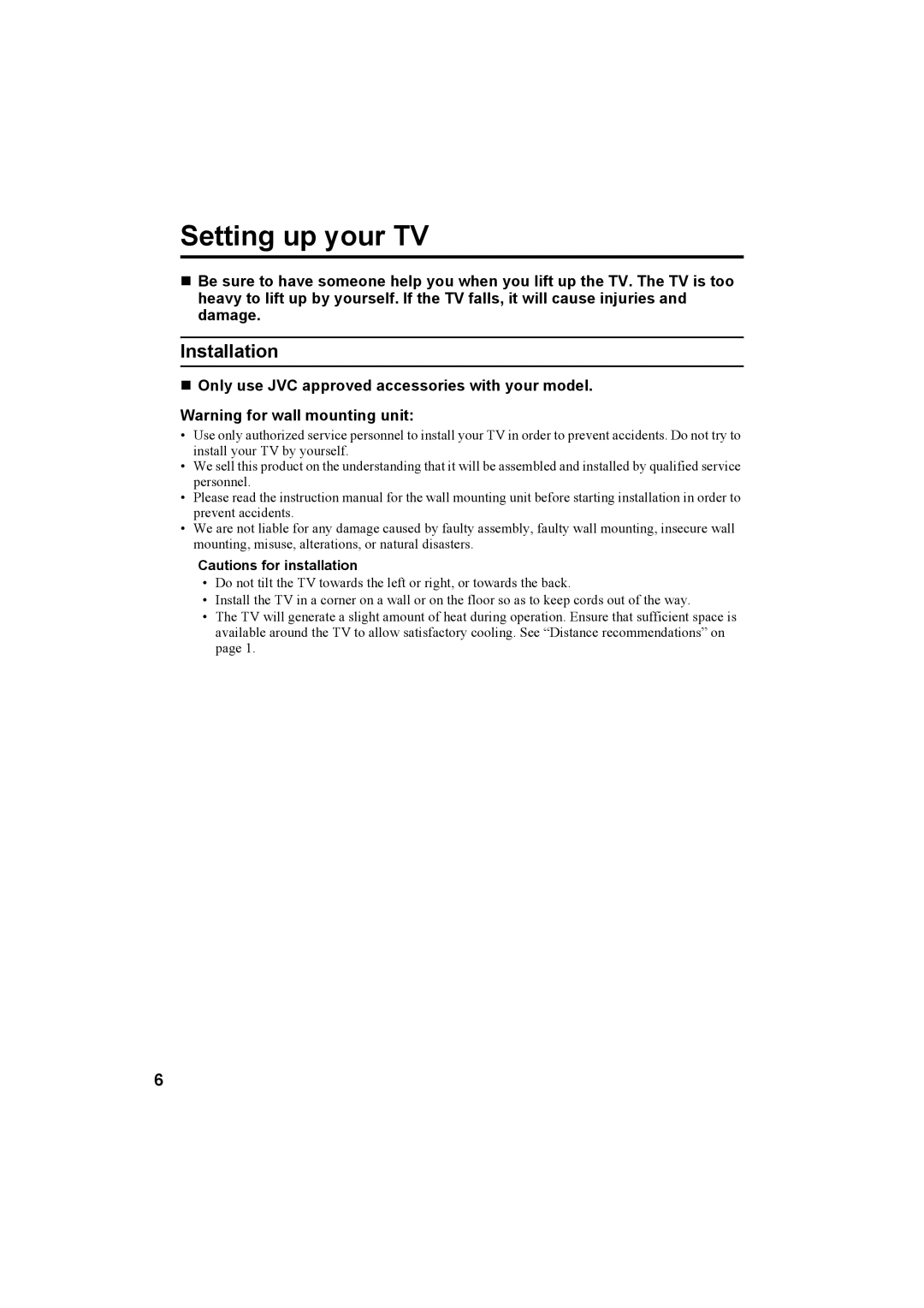 JVC PD-42X50BU, PD-42X50BJ, PD-42X50BS manual Setting up your TV, Installation 