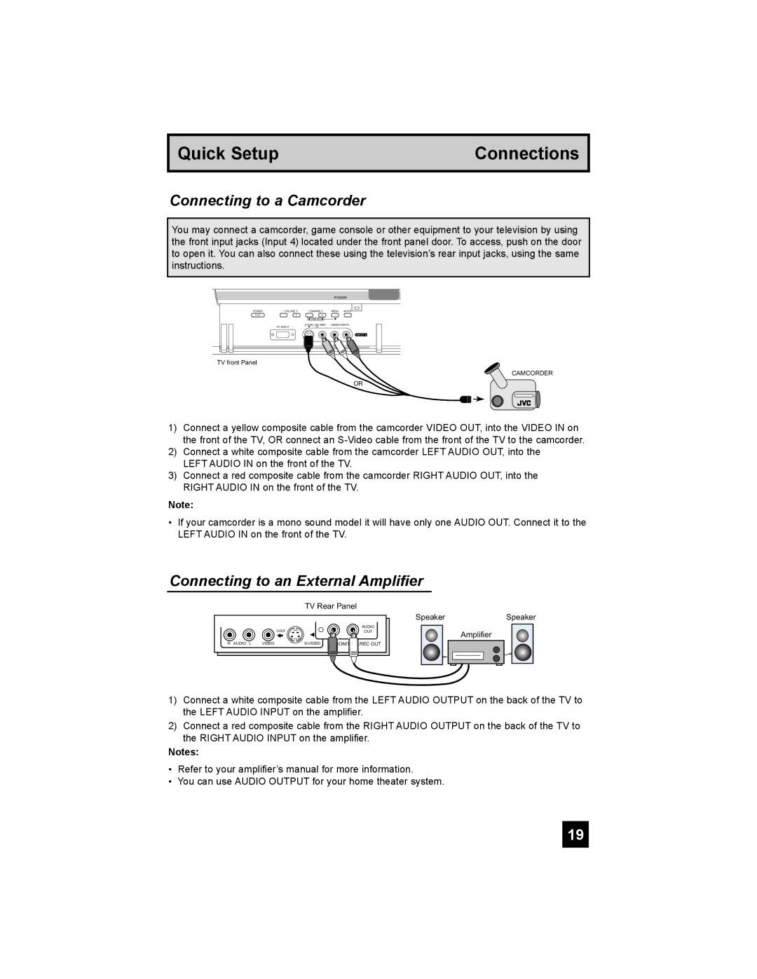 JVC PD-42X776 manual Connecting to a Camcorder, Connecting to an External Amplifier 