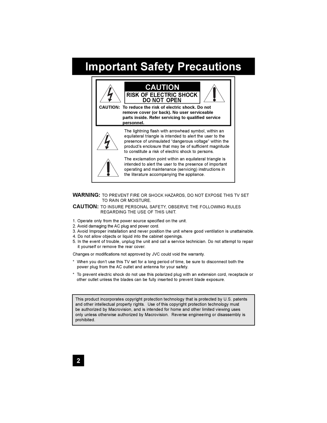 JVC PD-42X776 manual Important Safety Precautions, Risk of Electric Shock Do not Open 