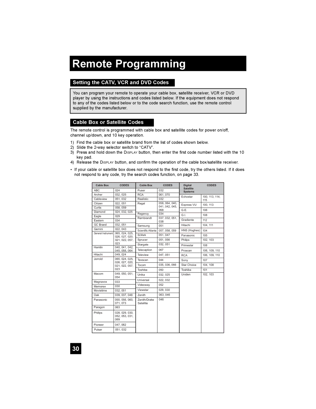 JVC PD-42X776 manual Remote Programming, Setting the CATV, VCR and DVD Codes, Cable Box or Satellite Codes 