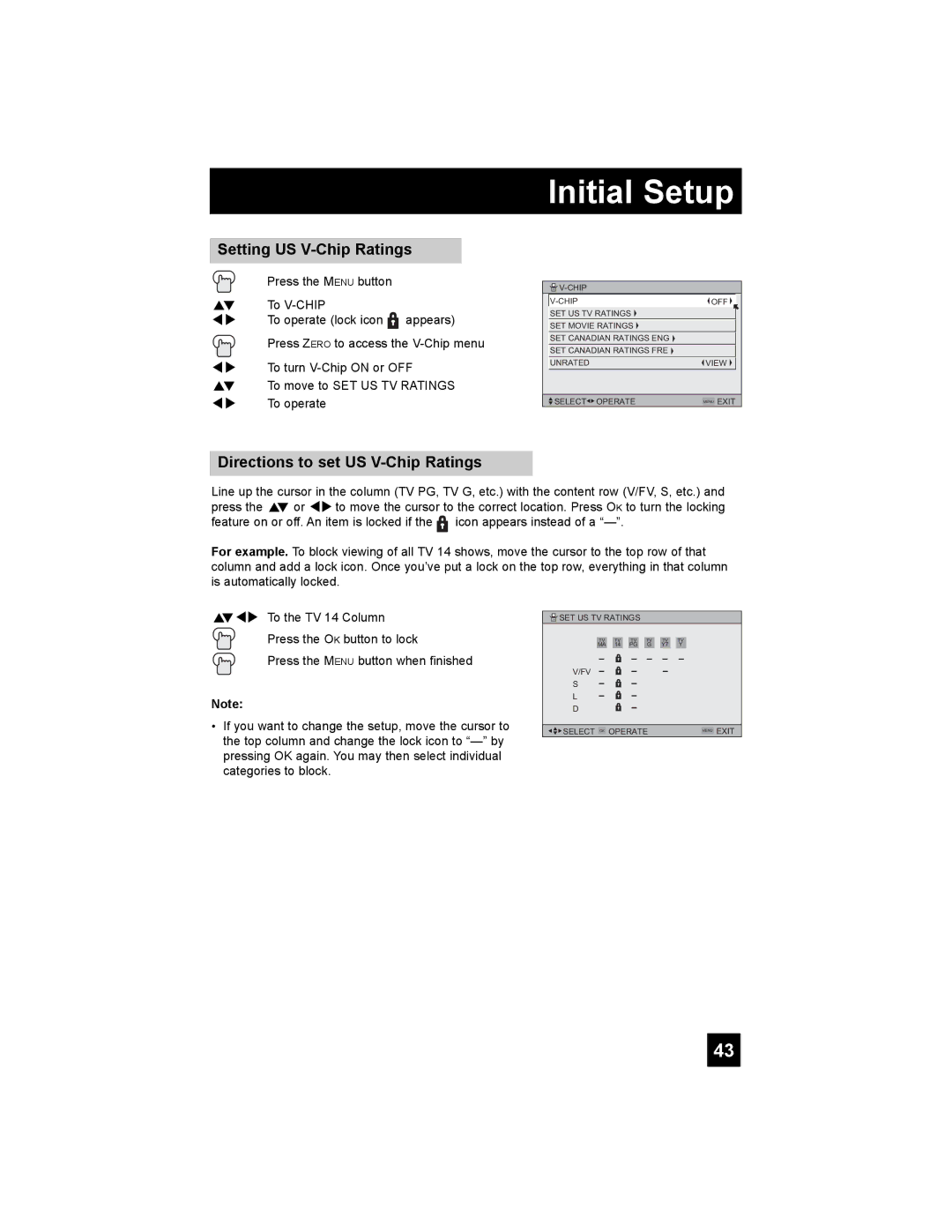 JVC PD-42X776 manual Setting US V-Chip Ratings, Directions to set US V-Chip Ratings 