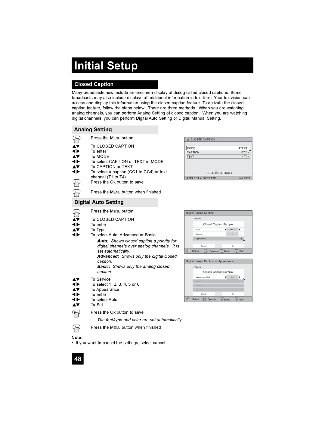 JVC PD-42X776 manual Closed Caption, Analog Setting, Digital Auto Setting 