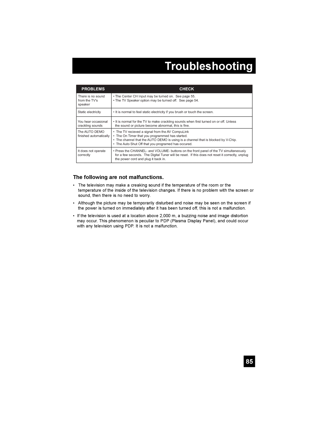 JVC PD-42X776 manual Troubleshooting, Following are not malfunctions 