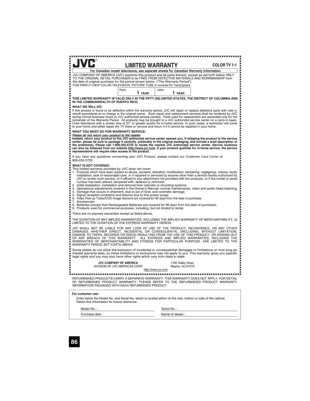 JVC PD-42X776 manual 