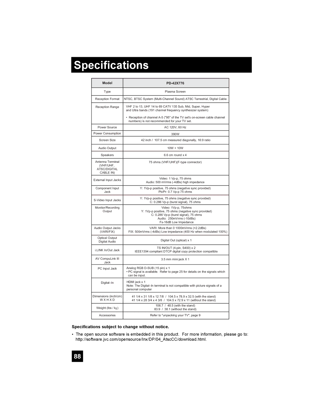 JVC PD-42X776 manual Specifications subject to change without notice 