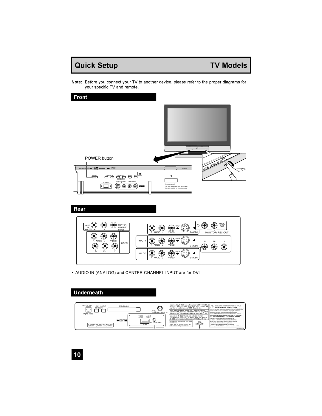 JVC PD-42X776 manual TV Models, Front, Rear, Underneath, Quick Setup 