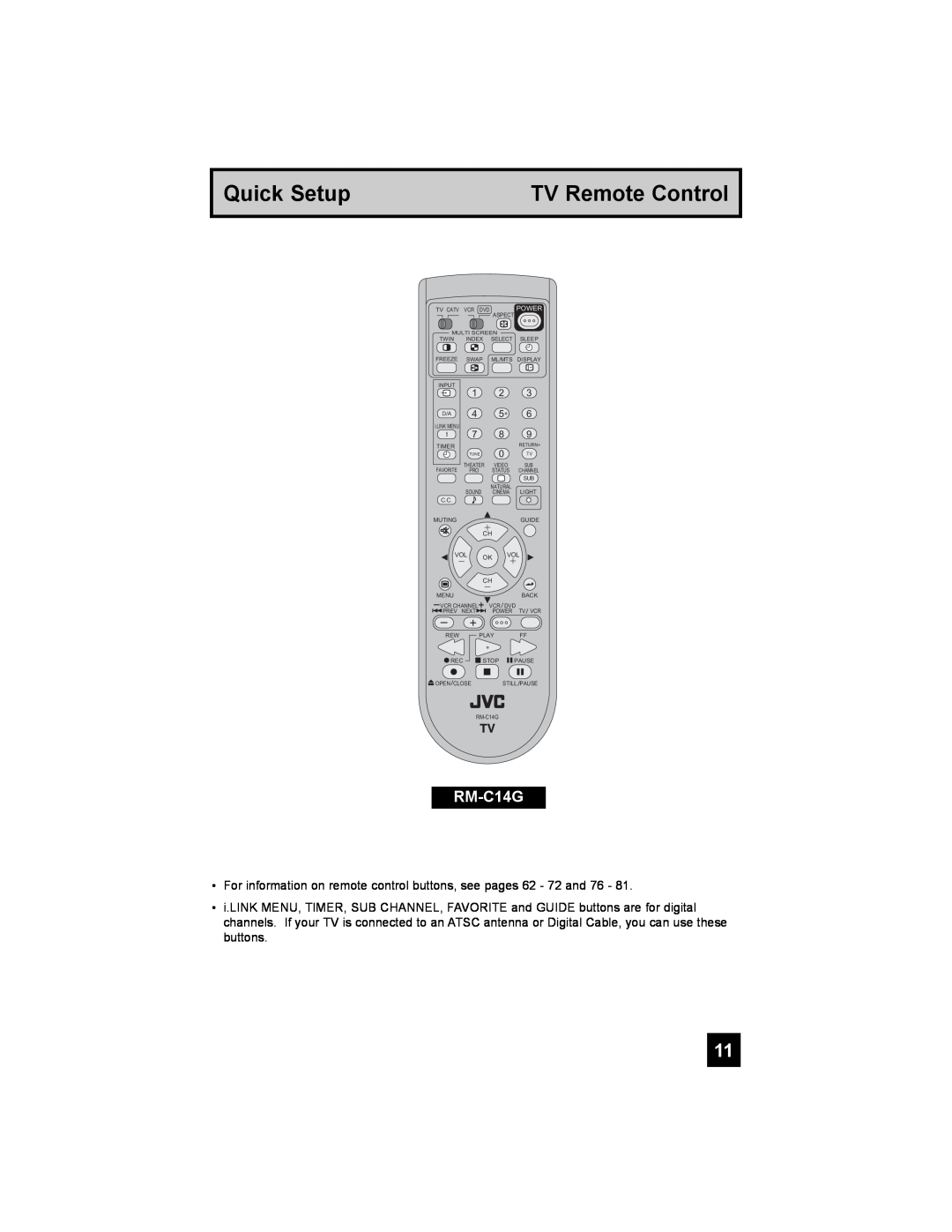 JVC PD-42X776 manual TV Remote Control, RM-C14G, Quick Setup 