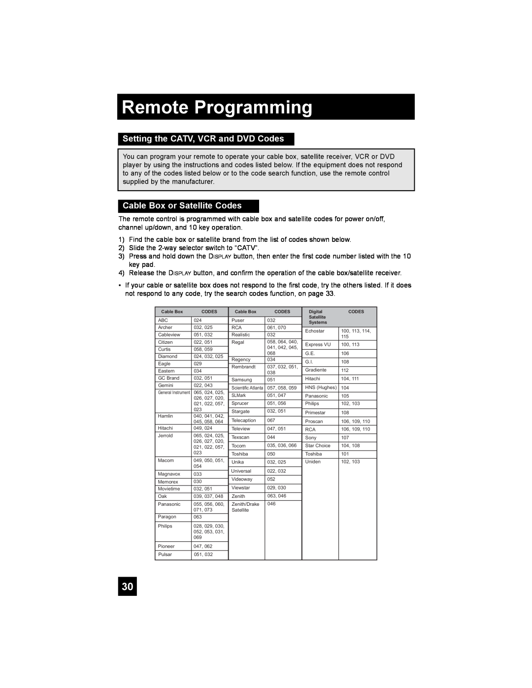 JVC PD-42X776 manual Remote Programming, Setting the CATV, VCR and DVD Codes, Cable Box or Satellite Codes 