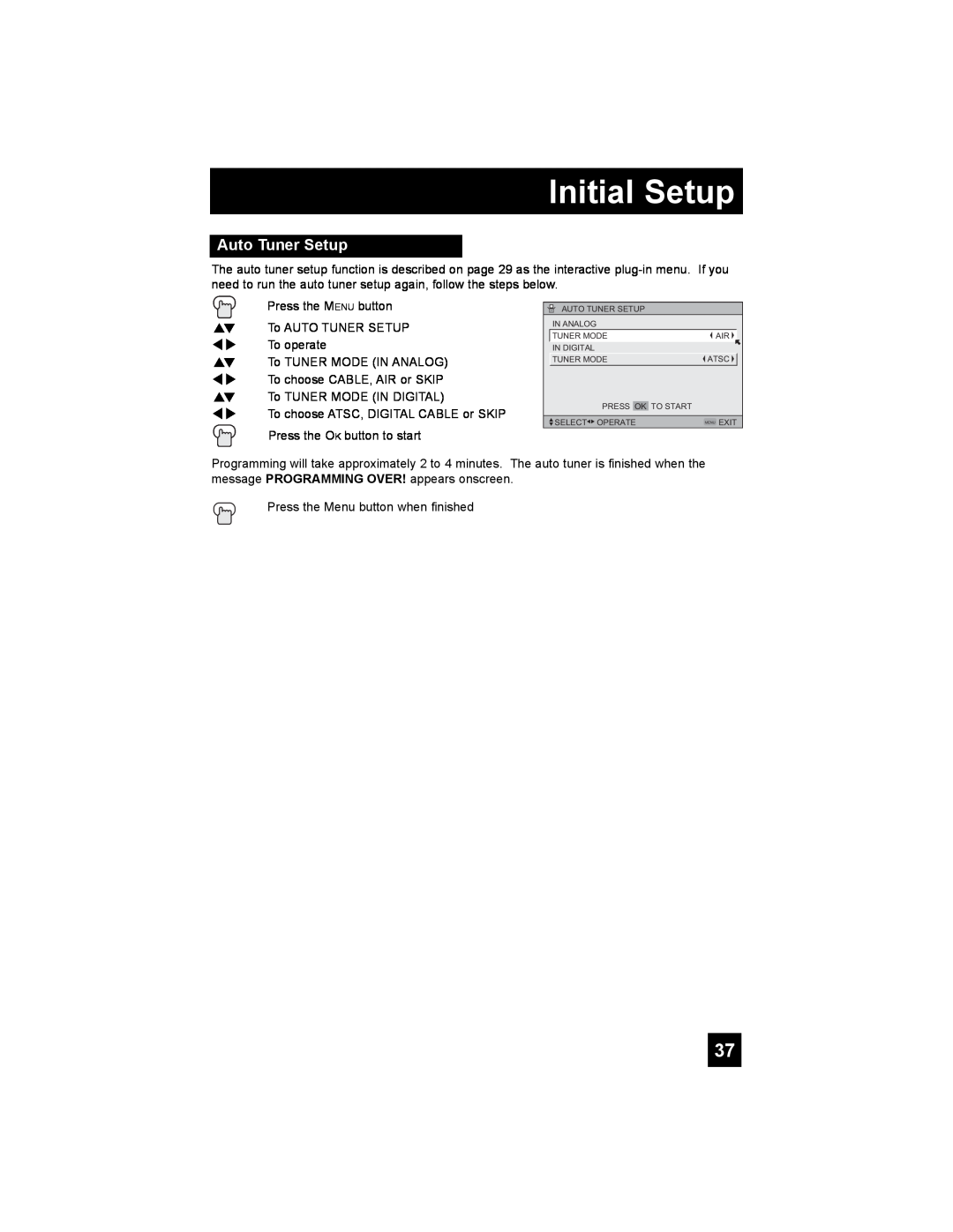 JVC PD-42X776 manual Initial Setup, Auto Tuner Setup 