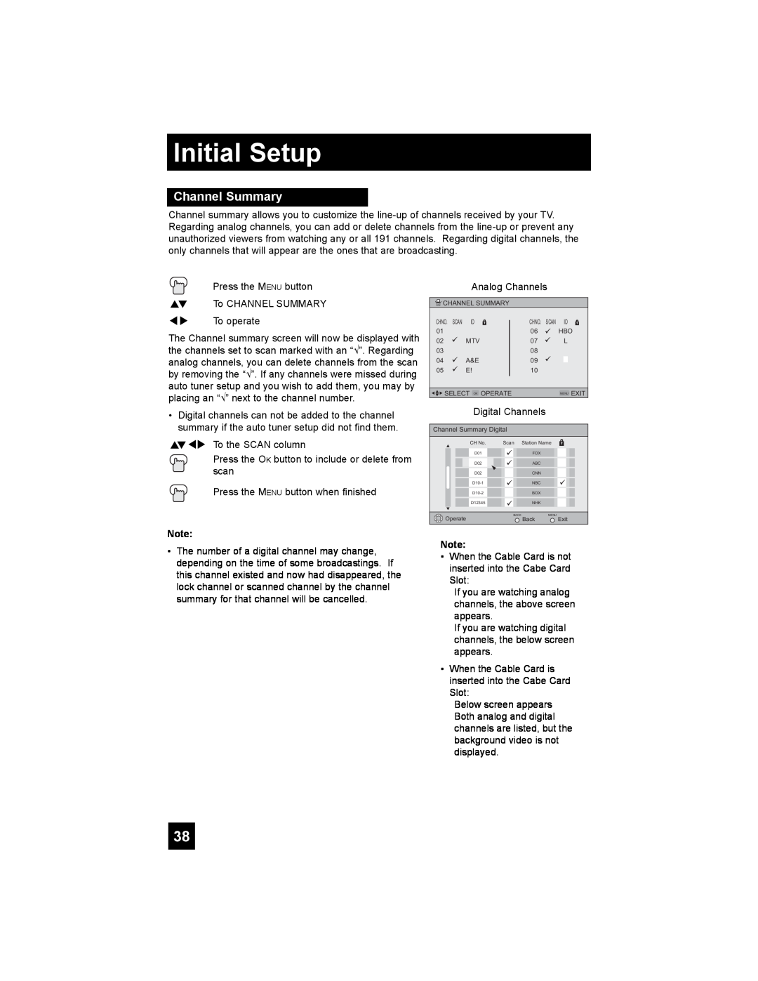 JVC PD-42X776 manual Channel Summary, Initial Setup 