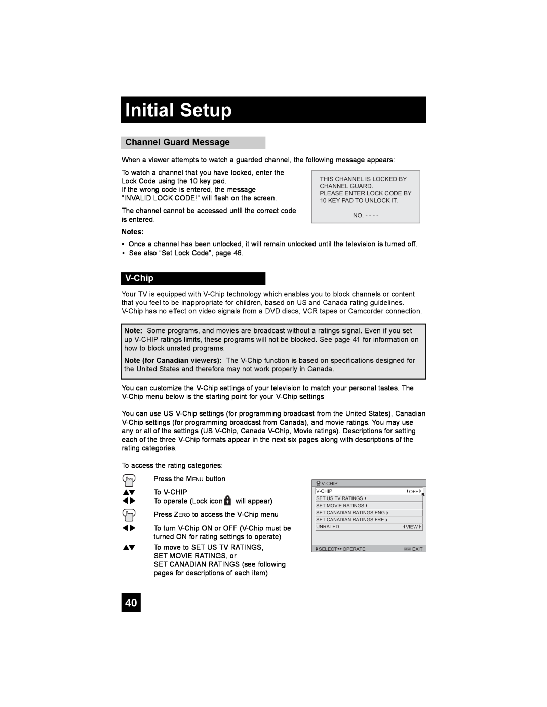 JVC PD-42X776 manual Channel Guard Message, V-Chip, Initial Setup 