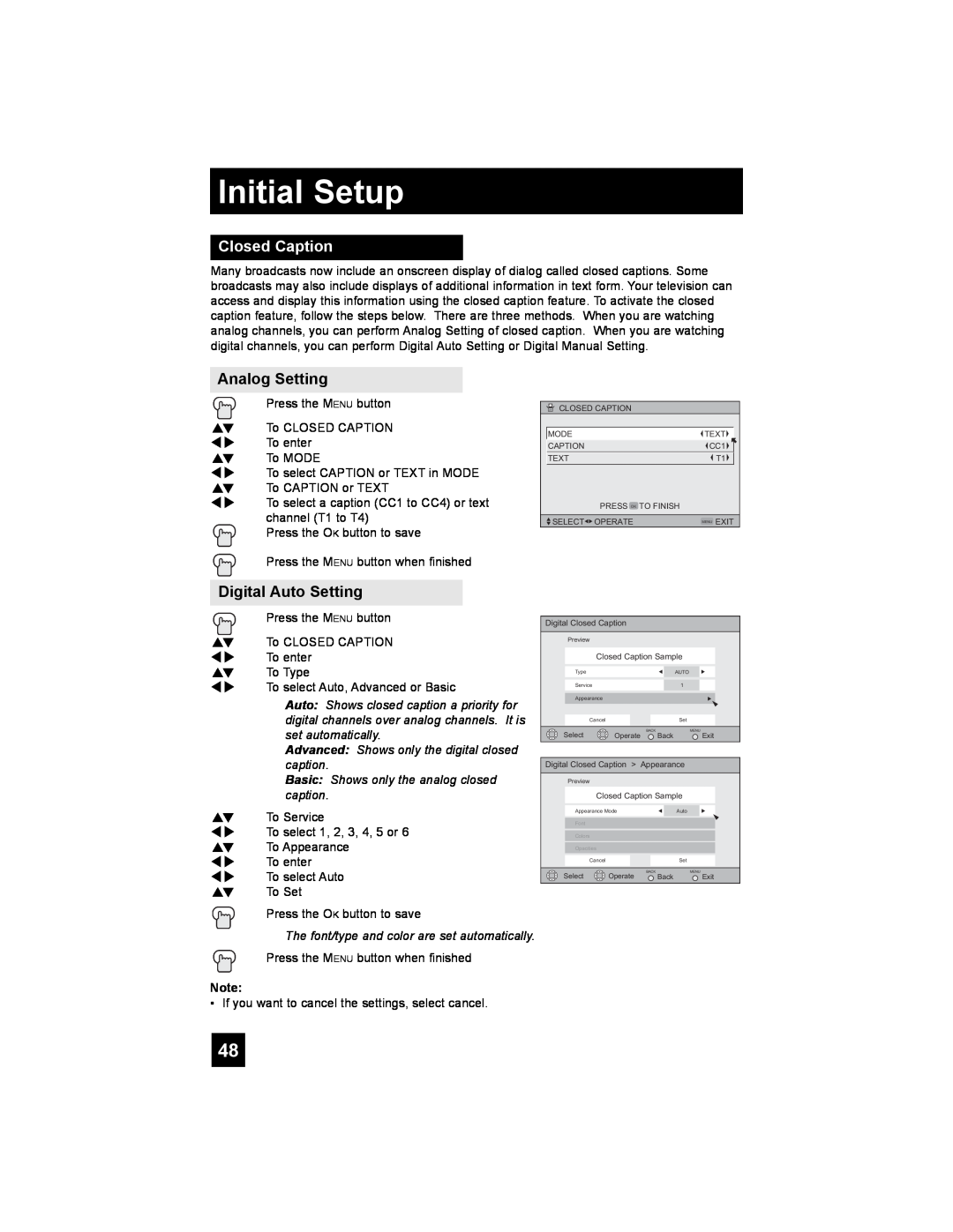JVC PD-42X776 manual Closed Caption, Analog Setting, Digital Auto Setting, Initial Setup, set automatically, caption 