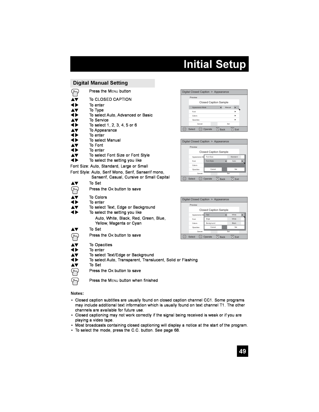 JVC PD-42X776 manual Digital Manual Setting, Initial Setup, To select Auto, Transparent, Translucent, Solid or Flashing 