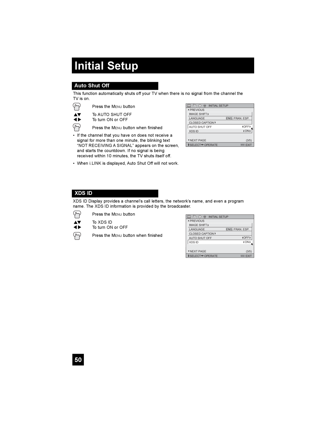 JVC PD-42X776 manual Auto Shut Off, Xds Id, Initial Setup 