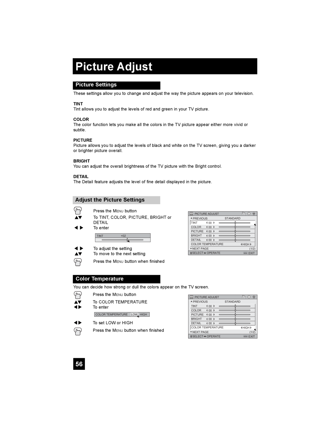 JVC PD-42X776 manual Picture Adjust, Adjust the Picture Settings, Color Temperature, Tint, Bright, Detail 