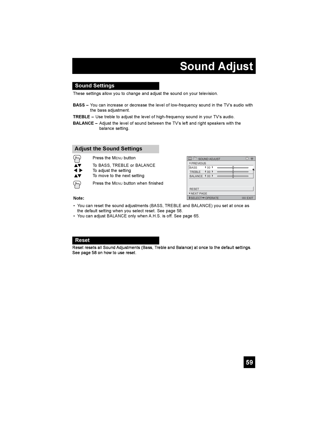 JVC PD-42X776 manual Sound Adjust, Adjust the Sound Settings, Reset 