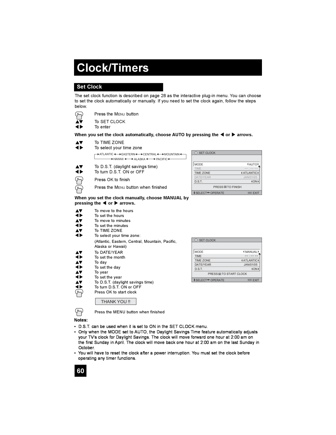 JVC PD-42X776 manual Clock/Timers, Set Clock 