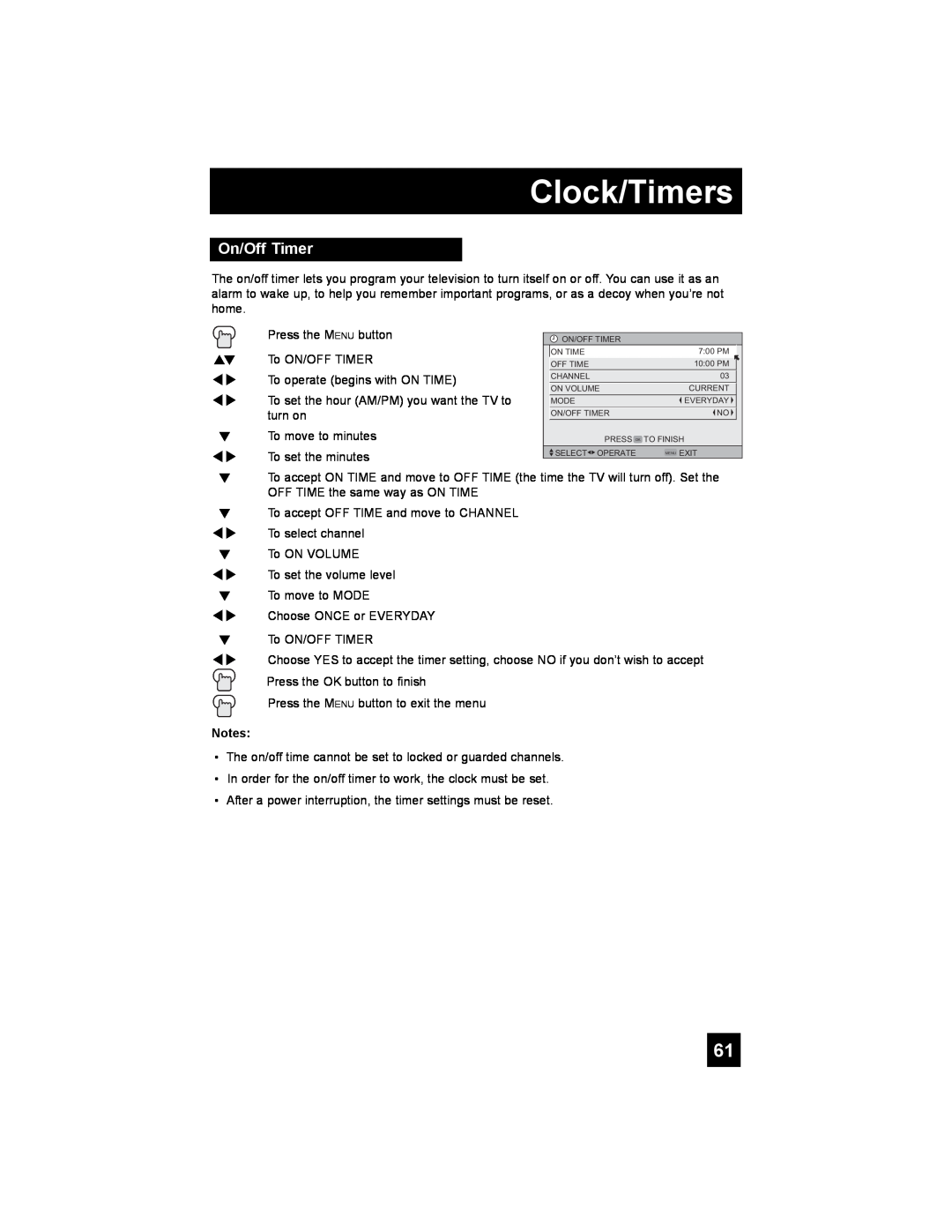 JVC PD-42X776 manual On/Off Timer, Clock/Timers 