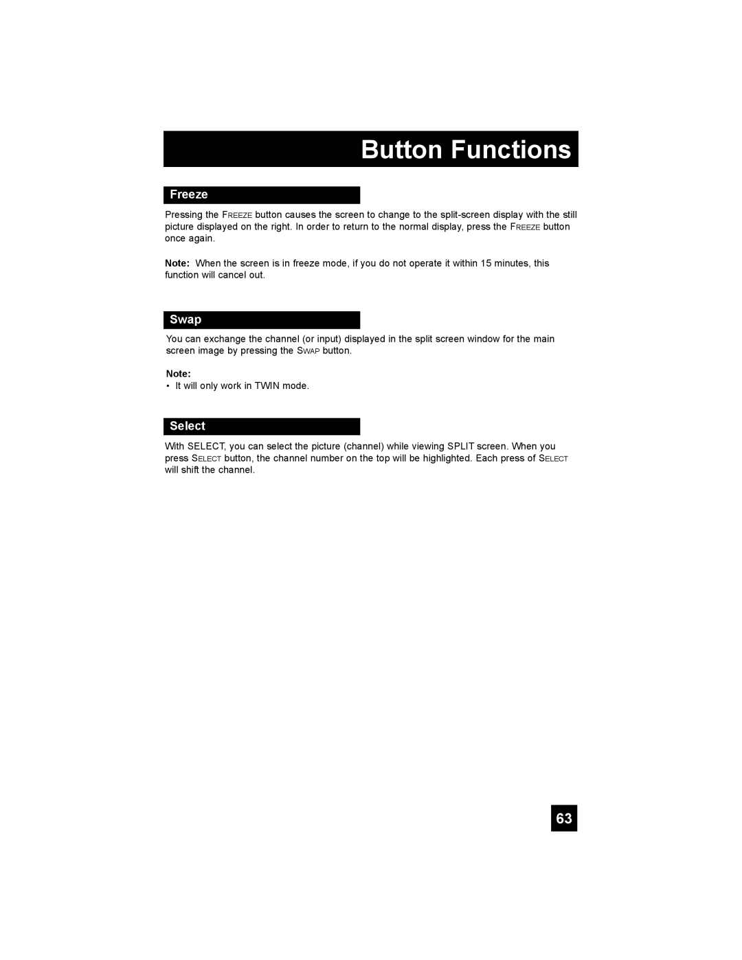 JVC PD-42X776 manual Freeze, Swap, Select, Button Functions 