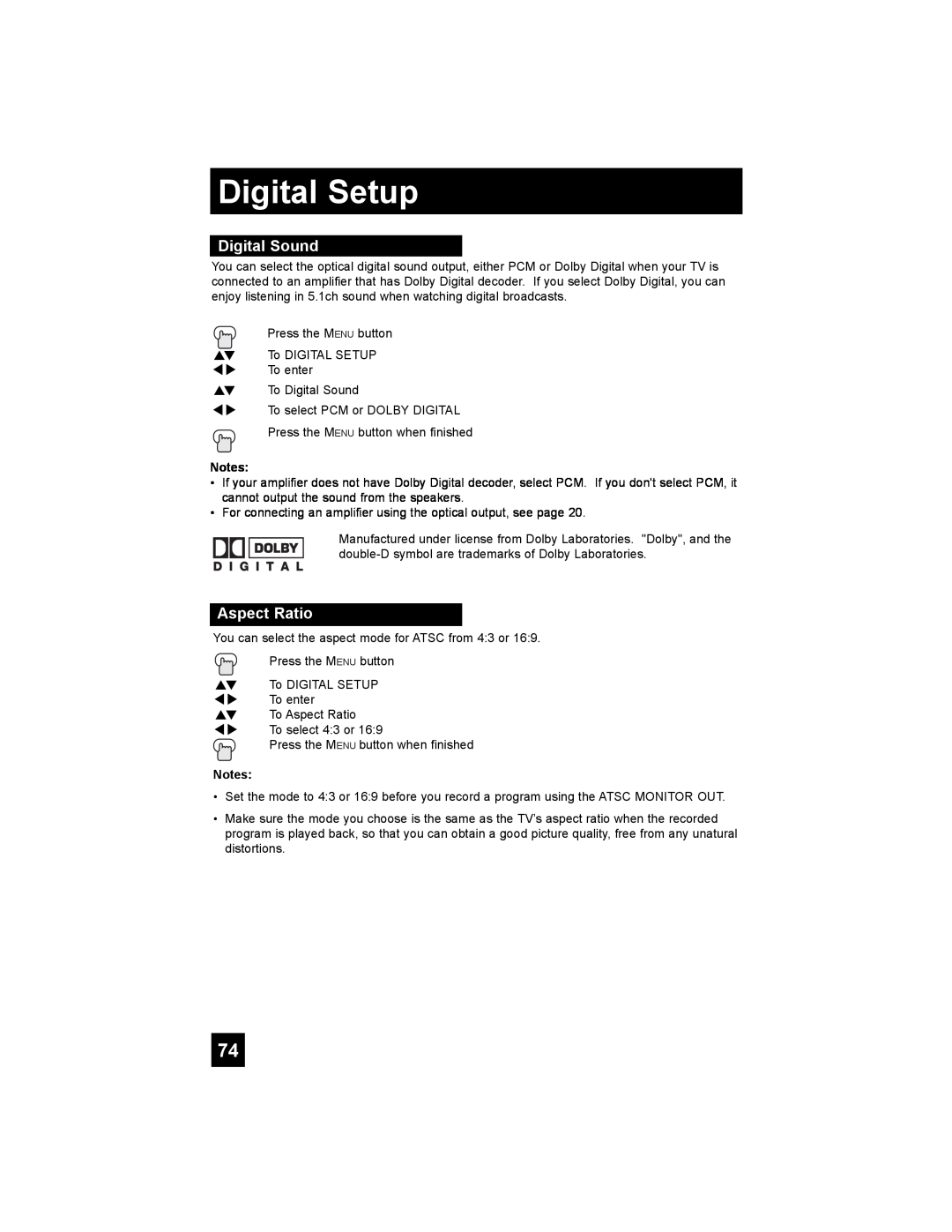 JVC PD-42X776 manual Digital Sound, Aspect Ratio, Digital Setup, Press the M ENU button when finished 