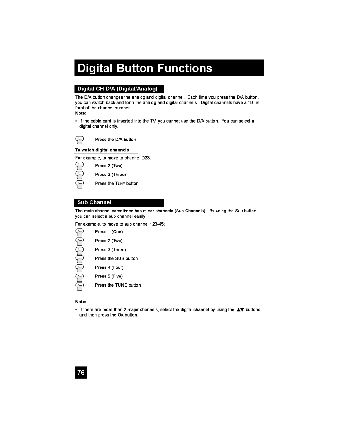 JVC PD-42X776 manual Digital Button Functions, Digital CH D/A Digital/Analog, Sub Channel, To watch digital channels 