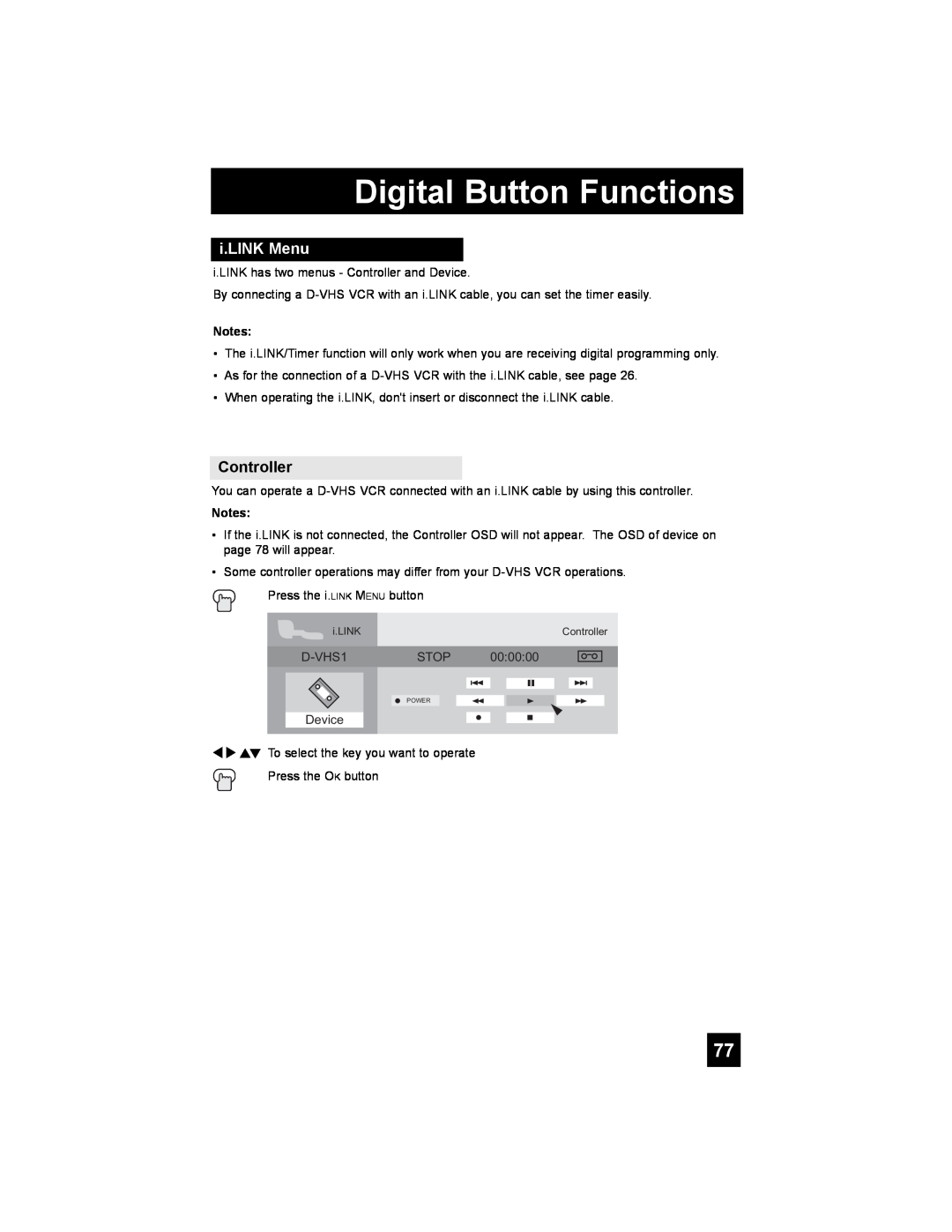 JVC PD-42X776 manual i.LINK Menu, Controller, Digital Button Functions 