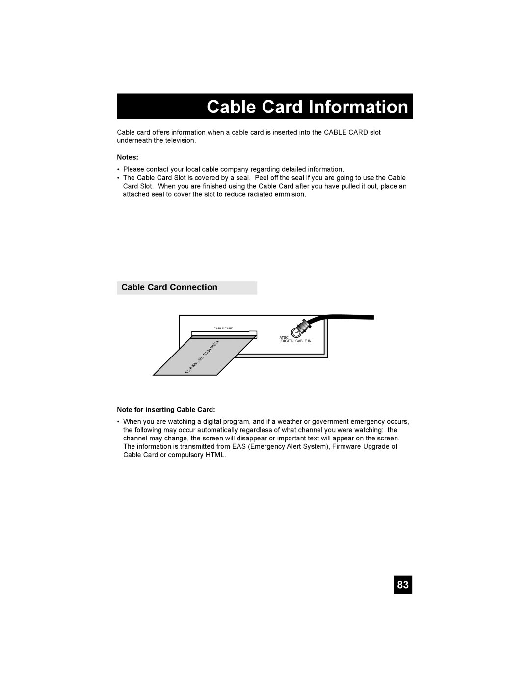 JVC PD-42X776 manual Cable Card Information, Cable Card Connection, Note for inserting Cable Card 