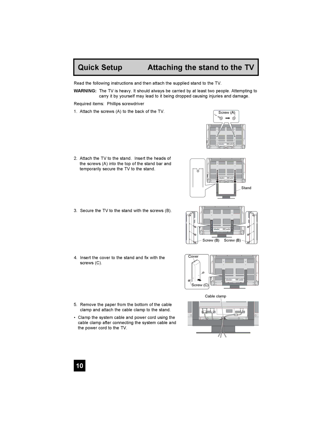 JVC PD-42X795 manual Quick Setup Attaching the stand to the TV 